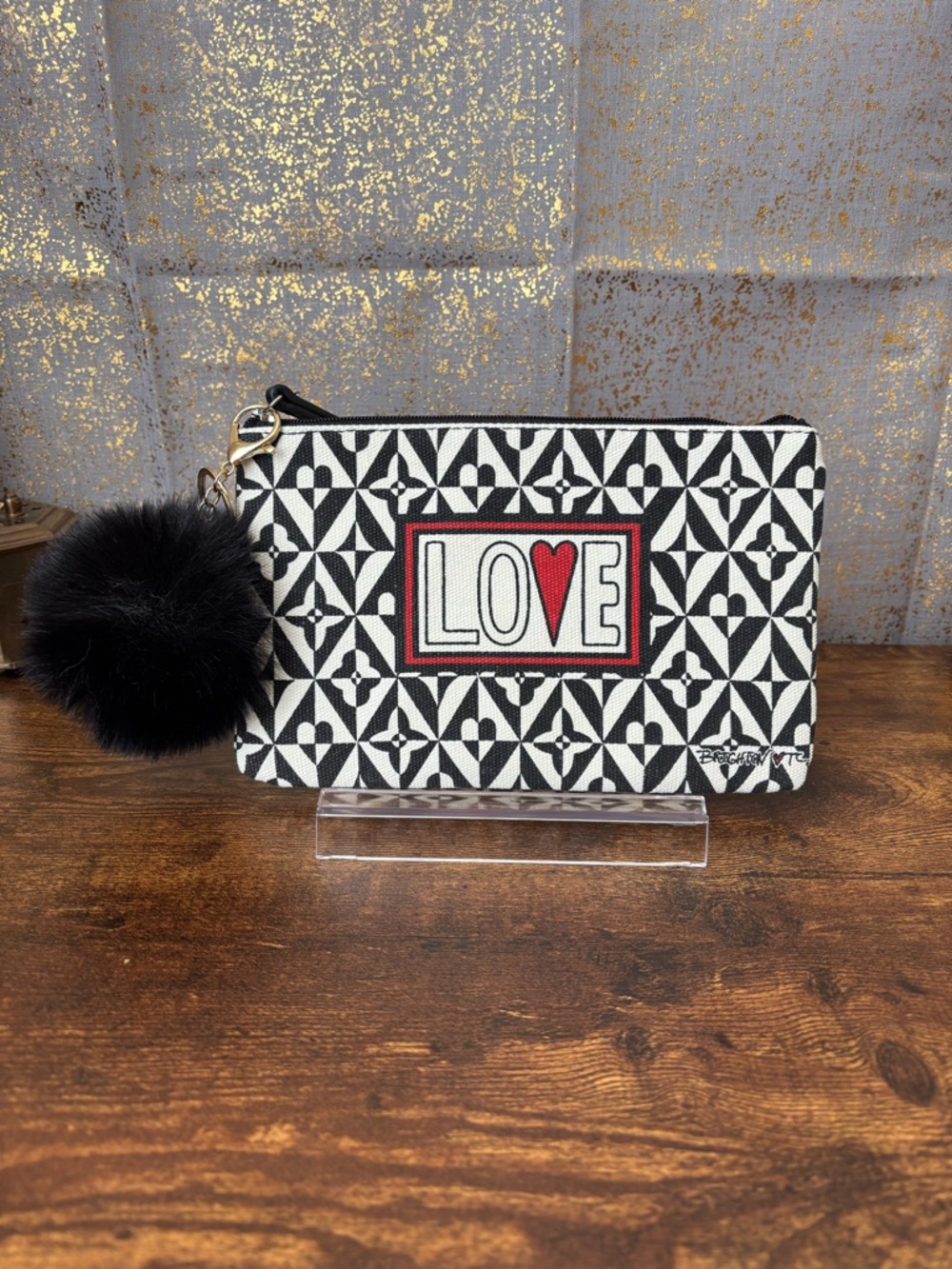 Brighton LOVE Zip Cosmetic Pouch with Black Pom Pom Keychain